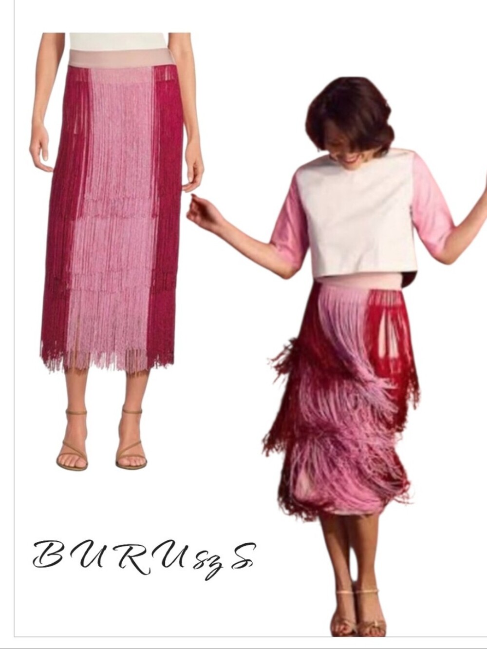 BURU Pink Colorblock Fringe Midi Skirt Size Small S NWT Party A-Line